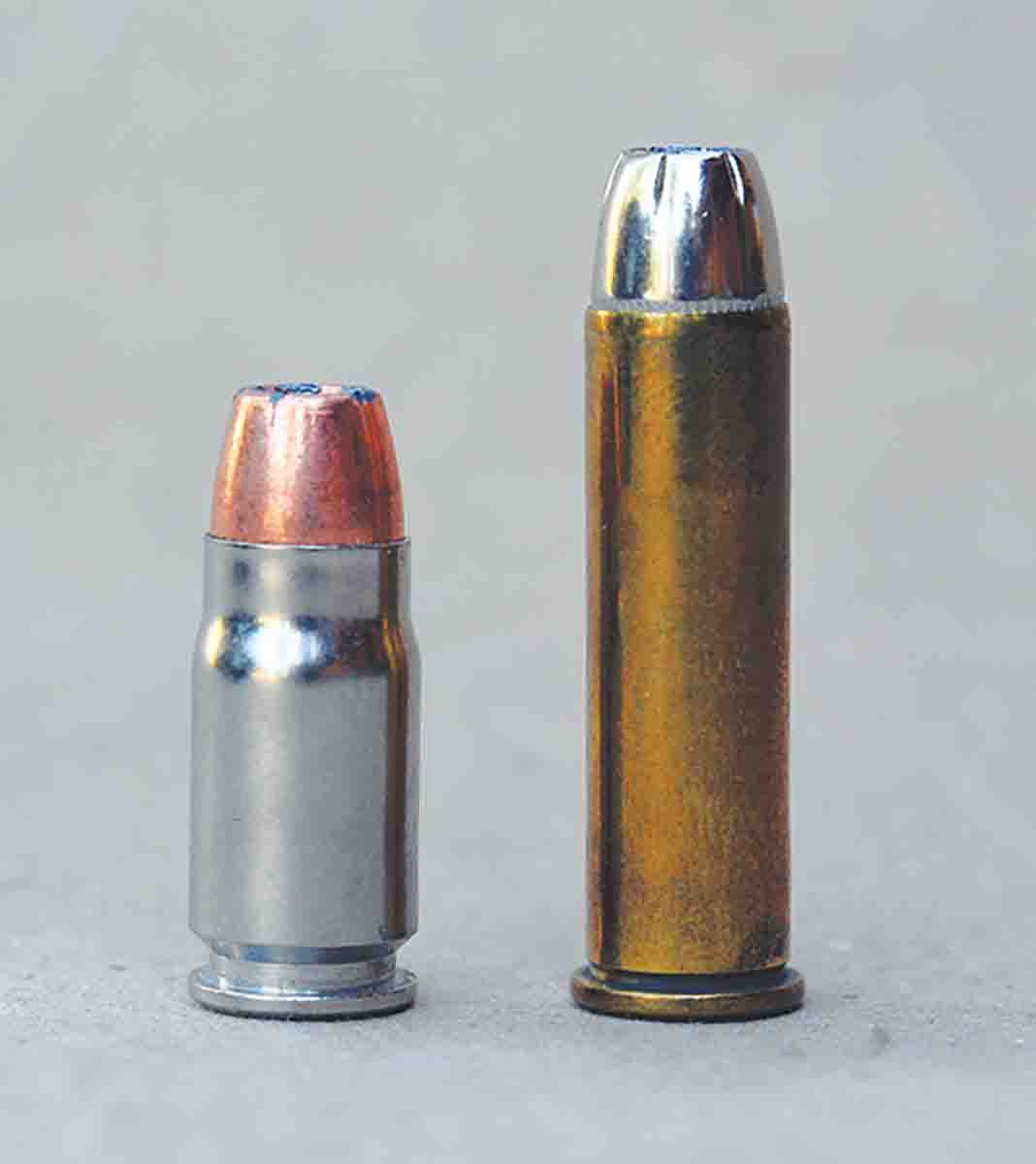 The .357 Sig (left) was designed to duplicate the performance of .357 Magnum (right) loads containing 125-grain bullets.
